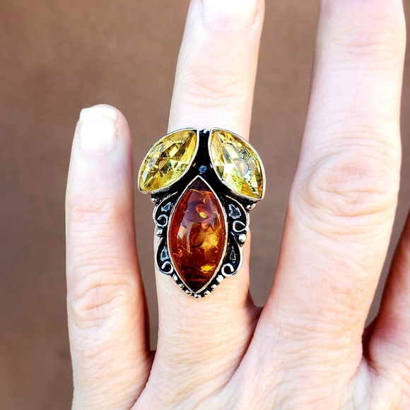 New Amber & Citrine 925 Silver Ring. - Picture 9 of 10